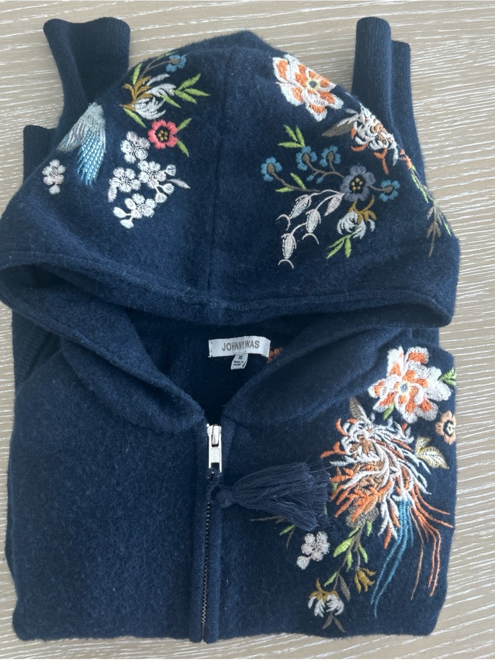Johnny Was Womens XS 100% Cashmere Zip Up Hoodie Navy Bird Floral Embroidery
